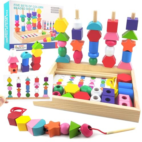 Guopai Threading Toys for 2 3 4 5 Year Olds, Montessori Fine Motor Skills Games, Wooden Lacing Beads & Stacking Blocks, Educational Learning Toy for Toddlers, Travel game with Storage And Cards