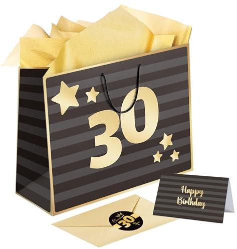 Sumerk Großes Geschenktüten-Set, Geschenktüte zum 30. Geburtstag, 3 Stück goldenes Seidenpapier, 2 Stück Aufkleber zum 30., Geburtstagskarte mit Umschlag
