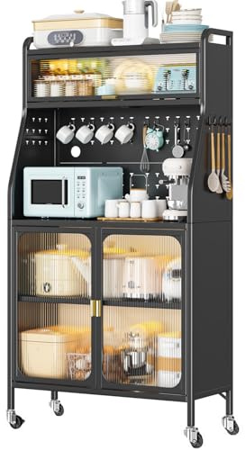 ONKBOITE Armario de Cocina, Mueble Auxiliar De Cocina, 5 Niveles Aparador, con Orificio para Cables, con Ganchos Ruedas, Puerta Magnética, Color Negro (76x36x164cm)