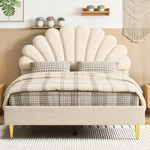 Vadderad säng 140 x 200 för barn, dubbelsäng med sammet 140 x 200, barnsängar med kronbladsformad sänggavel, sängbotten med träribbor, säng för tonåringar (beige-1, 140 x 200 cm)