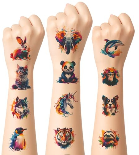 Watercolour Animal Temporary Tattoos for Kids 60 Styles Waterproof Animal Theme Fake Tattoo Stickers Body Arm Shoulder Tattoo Stickers Animals Stickers for Birthday Party Supplies Classroom Rewards