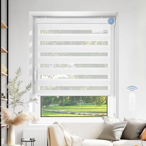 DENFOON Doppelrollo mit Kassette 85B x 150H cm Elektrisches Duo Rollo mit Fernbedienung Klemmfix ohne Bohren für Fenster und Tür Innenrollo mit Premium-Unterschiene Weiß