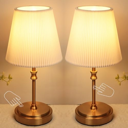 HSLighting Bedside Lamps, Touch Control Table Lamp Night Light with Metal Base 3-Way Brightness Dimmable LED Bulbs Retro Plug in Lamps Bedside for Bedroom Living Room Children's Room Decor, 2 Pack