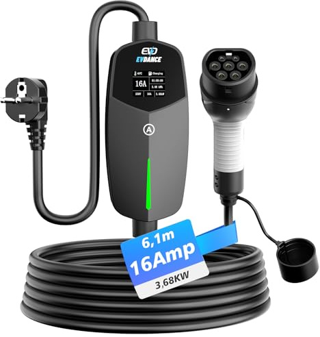 EVDANCE Chargeur Voiture Electrique (3,68 KW, 6-16A, 6,1m, 1-Phase), Noir | 6-16A Intensité Réglable, Câble Recharge Voiture Électrique Type 2, Étanche IP66, Sac Portable Offert, pour EV IEC 62196-2