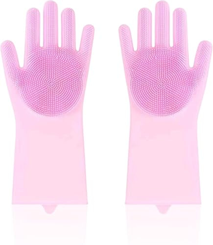 KTGUK Guantes de lavado para perros, guantes de limpieza para mascotas, guantes reutilizables de silicona suave rosa, guante de aseo elástico 2 en 1 para perros con cabezales de cepillo
