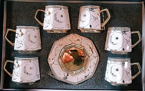 Service à Thé Élégant avec Motif Lune et Étoiles, 6 Tasses et Soucoupes, Porcelaine Blanche avec Détails Dorés, Design Oriental