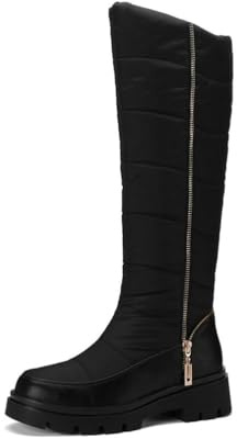 Genérico Botas Mujer Altas Rodilla Invierno Acolchadas Cuero Sintético Cremallera Decoración Tacón Plataforma Calientes Cómodas para Clima Frío Diario,Negro,42.5 EU