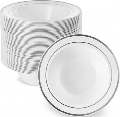 Playlearn Luxia 20Pcs Silver Rim White Plastic Bowls, Soup & Dessert Bowls