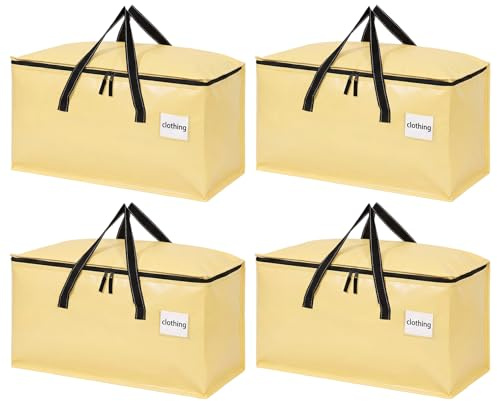 Dntorx 4 Pack 90L Moving Bags,Waterproof Moving Boxes with Zips,Pale Yellow | Reinforced Handles, Label Pocket, Foldable for College Dorm Clothes Travelling Camping Garden Tools Packing Boxes with Lids
