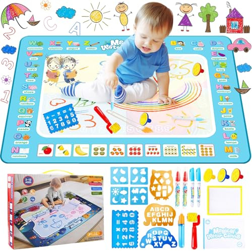 Tapis Dessin Enfant,Tapis Dessin Eau,Tapis de Dessin,100 x 80 cm Tapis de Griffonnage Réutilisable,avec Jeu D'outils de Peinture,Cadeau Fille Garcon,Educatif Jeux 3 Ans +