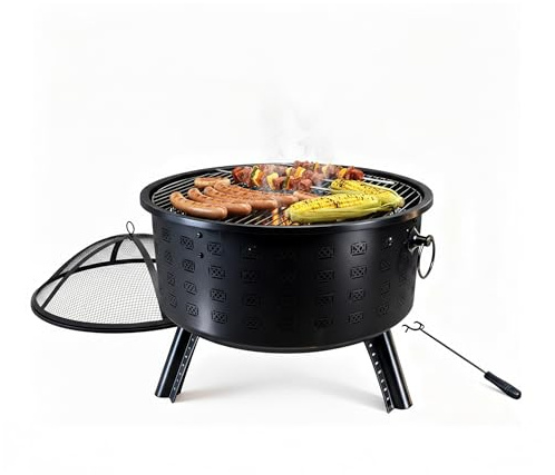 Relaxdays Feuerschale, HxØ 62 x 66 cm, mit Grillrost, Funkenschutz & Schürhaken, Feuerstelle Garten, Feuerkorb, schwarz