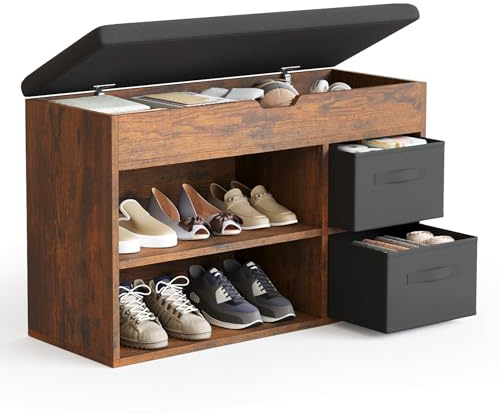 Mondeer Shoe Storage Bench with Seat, Folding Padded Seat, Rustic Brown | Shoe Storage Bench Wooden with 2 Drawers and Hidden Storage Space for Entryway Hallway Cloakroom Living Room, 80 x 48 x 30 cm
