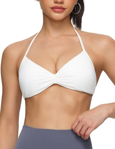 OLAIRE Halter Sports Bra for Women Padded Adjustable Strappy Bralettes Open Back Low Impact Yoga Gym Bras Casual Crop Top