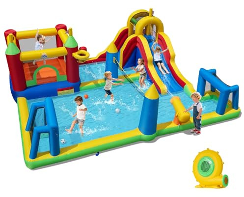 COSTWAY 9 en 1 Castillo Hinchable con Tobogán Acuático, Parque Acuático con Rocódromo, Piscina Infantil, Canasta de Baloncesto, Red de Voleibol y Porterías de Fútbol, Insuflavel Criança (Con Soplador)