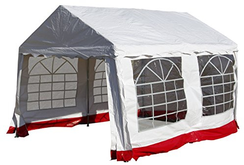 Nexos Hochwertiges Festzelt Partyzelt Pavillon 3x4 m weiß/roter Rand mit Seitenteilen für Garten Terrasse Plane Feier Markt wasserdicht PVC Dach 400 g/m²