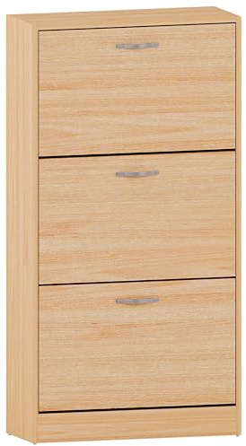 Vida Designs Shoe Cabinet, Wooden Shoe Storage Unit with 3 Pull-Down Drawers, Multifunctional Dust-Proof Space-Saving Slim Cupboard for Hallway or Entryway (Pine)