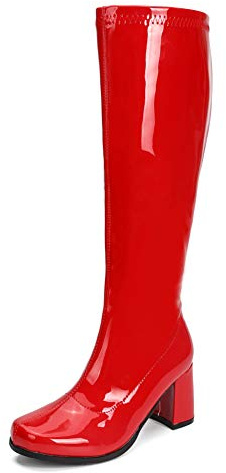 LIURUIJIA Women's Knee High Gogo Boots Sqaure Toe Chunky Block Heel Santa Disco Costume Zipper Tall Boots Red 38(240/US7.5)