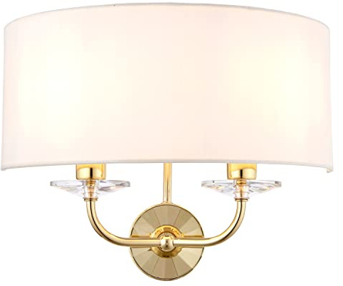 National Lighting Kennedy Modern Brass Twin Wall Light Fitting with Crystal Detail and White Fabric Shade