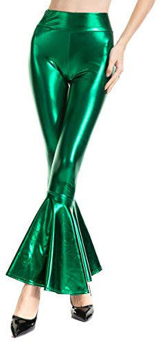 FYMNSI Damen Gl?nzende Schlaghose Trompetenhose Weite Bein Palazzo Lange Hose Hohe Bund Hippie 70er Glitzer Schlanke Leggins Einfarbig Metallic Wetlook Stretch Tanzhosen Party Disco Clubwear Gr?n M