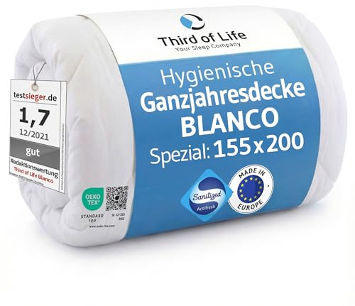 Bettdecke 155x200 cm BLANCO, Große Ganzjahresdecke mit Hygieneschutz | Atmungsaktive Schlaf-Decke mit Feuchtigkeitsmanagement, Allergiker geeignet, 155 x 200 Decke ohne Bezug nutzbar, made in EU