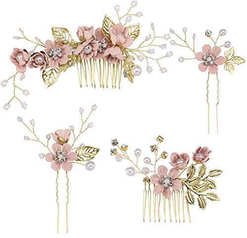 4 Stück Wedding Hair Comb für Frauen, Hellrosa Gold Hochzeit Haarspange Strass Brautkamm Haarspange, Hochzeit Haarschmuck Kopfschmuck