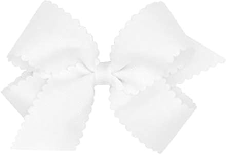 Wee Ones Girls' Classic Grosgrain Hair Bow with Scalloped Edges, No-Slip Hair Clip, Handmade, White, Medium