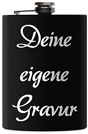 Edelstahl Flachmann 237 ml schwarz matt lackert inkl. individuelle Gravur in Silber von Paule Black - personalisiertes Geschenk für Geburtstag, Weihnachten, Vatertag, Trauzeugen - 5 Zeilen