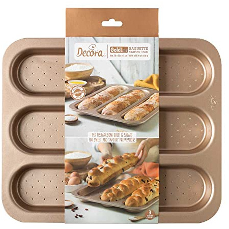 Decora, 0070105 Stampo Gold Line Baguette, 3 Cavità da 34,3 x 7,8 x 3 cm, Ideale per preparazioni dolci e salate, In Robusto Metallo Antiaderente