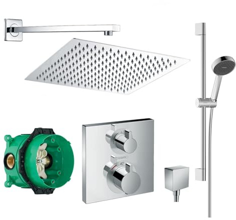 vanvilla Duschsystem Unterputz mit Duscharmatur Hansgrohe poliert HG36 | Duscharmatur von Hansgrohe Ecostat Square Thermostat Armatur und vanvilla Regendusche eckig, Duschstange Dusch-SET poliert