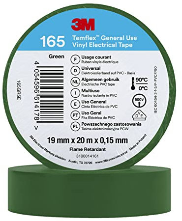 3M Temflex 165 - Cinta aislante (vinilo, 0,152 mm x 19 mm x 20 m), color verde