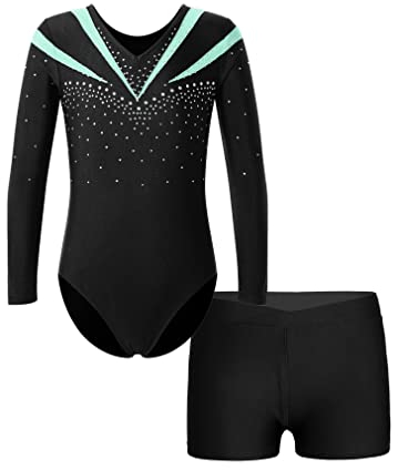 FEESHOW Mädchen Kinder Gymnastikanzug Ballett Gymnastikbody Turntrikot Gymnastikhose Shorts Sport Tanzoutfit Athletic Wettkampf Trainingsanzüge Hellgrün 158-164