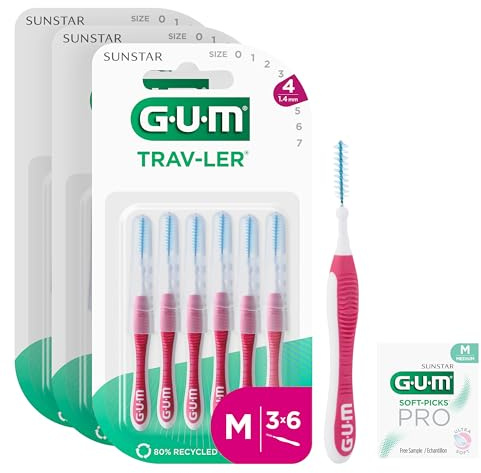 GUM TRAV-LER | interdental Brushes | Bendable Handle | Thorough Cleaning Between Teeth and Plaque Removal | 1.4 mm, ISO 4 | Size M | 3x6 Bundle (with 1 Bonus Sample)