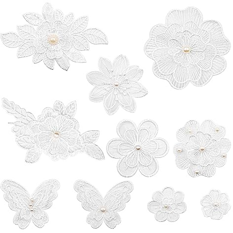VOANZO 10 Stück Aufbügler zum Aufbügeln, weiße Spitze, Blumenform, bestickte Aufnäher, Applikationen, DIY-Näharbeiten zum Reparieren und Dekorieren von Kleidung