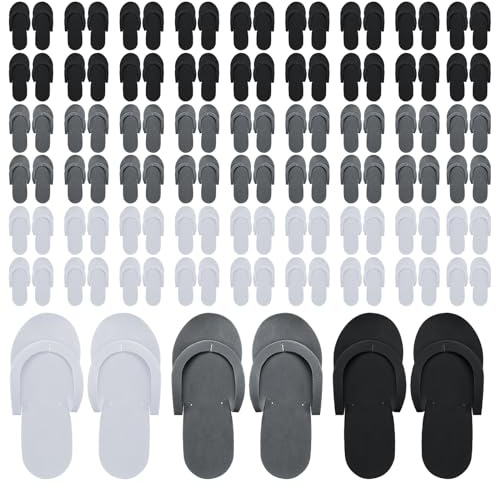 Mepase 90 Pairs Pedi Slippers Disposable Flip Flops Bulk Foam Spa Pedicure Slippers Sandals for Guests Women Men Foot Nail Salon Party Supplies Shower Hotel Favors(Black, White, Gray)