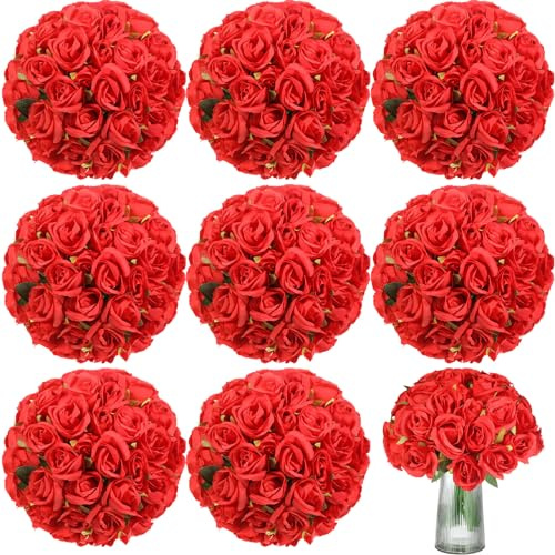 Hoteam 72 Heads Artificial Red Rose Flowers 6 Bouquet Wedding Decoration Faux Flower Arrangement Bouquet with Stem Bridal Shower Gift Floral Centerpiece for Tables