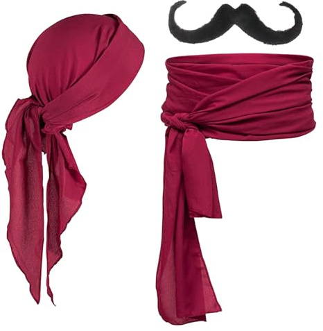 1 Stück Piraten-Bandana, 1 Stück Piratengürtel, 1 Stück Schwarzer Bart, Professioneller Piratenanzug, Piratenkapitän-Kostümzubehör, Halloween Für Kinder, Damen, Herren (Rot)