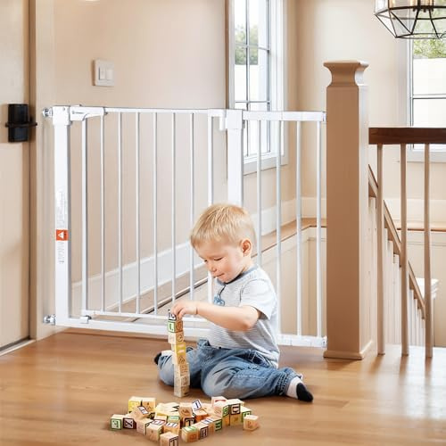 COMOMY 75-110cm Barrera Seguridad Niños Escaleras, Puerta Seguridad para Perros & Bebes de Cierre Automático, Valla Seguridad Infantil sin Agujeros, con Extensions (76cm H, Blanco)