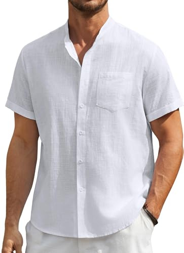 Enlision Camisa Lino Hombre Manga Corta Camisas Blanco para Hombre Casual Sin Cuello Henley Shirt de Lino Algodón con Botónes Top Ibicenca de Verano Playa Boda 4XL