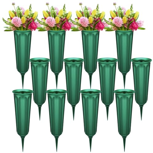 kymqlyw 12 Pcs Plastic Cemetery Vases with Spikes Memorial Flower Vase Cemetery Grave Flower Holder Ground Vases with Stakes for Artificial Fresh Flowers Lawn Headstone Graveside Decoration (Green)