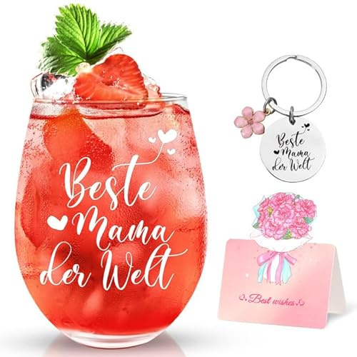 Livole Muttertagsgeschenke für Mutter, Mütter, Frauen, Muttertag Geschenk, Geschenkideen für die Mutter - Beste Mama der Welt - Muttertag Weinglas, 15oz Weingläser ohne Stiel, 450ml Stammlos Glas