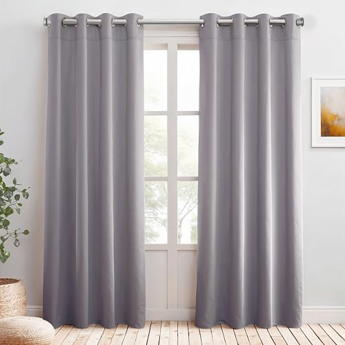 Praktisches Set ohne Bohren: 2x Vorhang + 1x Klemmstange silber 70-120 cm + 2x Raffhalter mit Magnet blickdicht & verdunkelnd, als Raumteiler, Fenster & Tür Hellgrau Thermovorhang 240x135cm