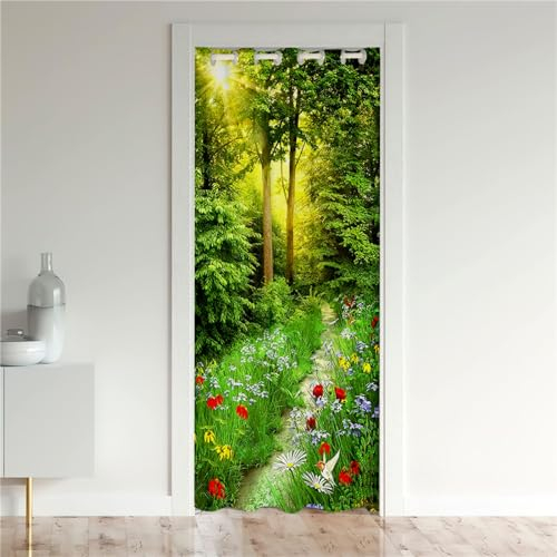 Odot Tende Oscuranti per Porta con Occhielli, Motivo Foresta Tenda Divisoria per Stanza Tende con Occhielli per Interni Tenda Porta Isolamento Termico (120x200cm,Pianta da Fiore)