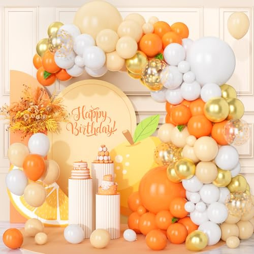 Teselife Ballon Orange Crème, 123 pcs Kit Arche Guirlande Ballon Orange Nude Blanc Mat Métallique Confettis Or pour Filles Fête d'Anniversaire Baby Shower Baptême Mariage Bébé Douche Automne Décor