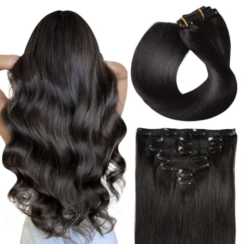 SUYYA Clip In Extensions Echthaar 14 Zoll 35cm #1B Natürliches Schwarz | Remy Echthaar, glattes Haar, Clip-In, 7 Stück 70 g, natürlicher Look, mehr Volumen & Länge, wiederverwendbar