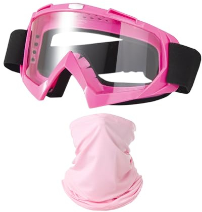 LJDJ Motorcycle Goggles Dirt Bike ATV Off-Road Riding Motocross Glasses with Sun UV Protection Neck Gaiter Face Cover (Pink/Clear Lens)