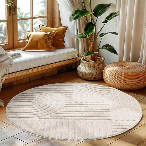 HomebyHome Teppich Rund 120 cm Creme, Hochflor Wohnzimmer Teppich, Weich & Flauschig, Skandinavisch Boho Stil, Langflor Shaggy, Pflegeleicht, Jute Rückseite