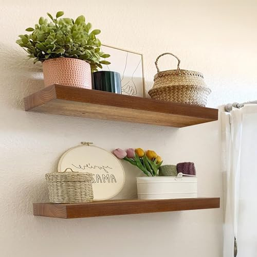 IAE Estantes flotantes de pared de nogal de 24 pulgadas, estante de baño montado en la pared, estante invisible flotante de cocina, estantería de pared de madera con soportes para sala de estar