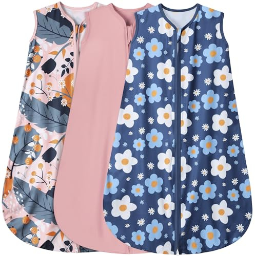 BSTOPPT 3 Pack Baby Sleep Sack 100% Rayon Cotton Baby Sleeping Bag 2-Way Zipper Toddler Wearable Blankets TOG 0.3. (Gerbera&Tulips&Pink, 12-18 Months)