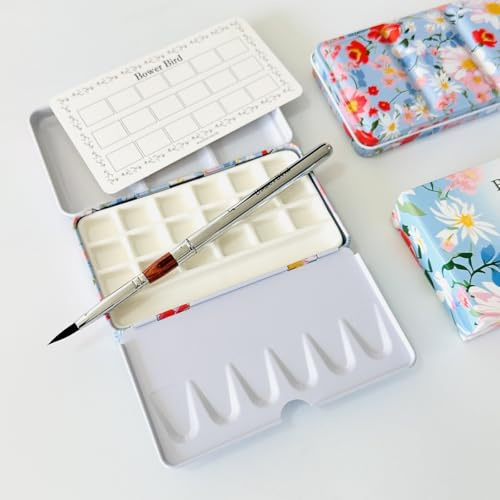 Bower Bird Travel Watercolor Palette, Portable Ceramic 16-Well, Small Travel Metal Paint Box with Porcelain 18-Well Set