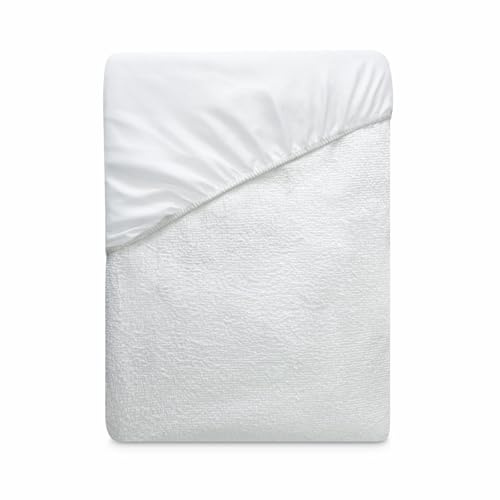 amuéblate online - Funda Protector Cuna Rizo Ajustable para Colchón, Impermeable y Transpirable, Tacto Suave, Tejido Algodón Natural, Antiácaros y Antibacterias, Blanco, 60 x 120
